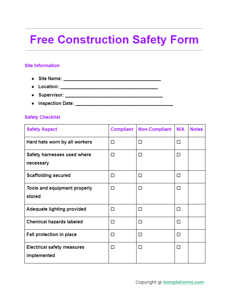 free construction safety form
