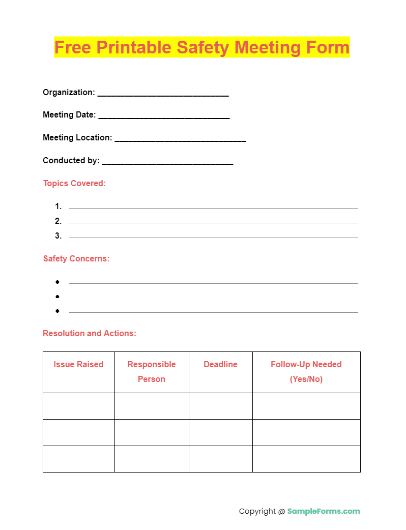 free printable safety meeting form