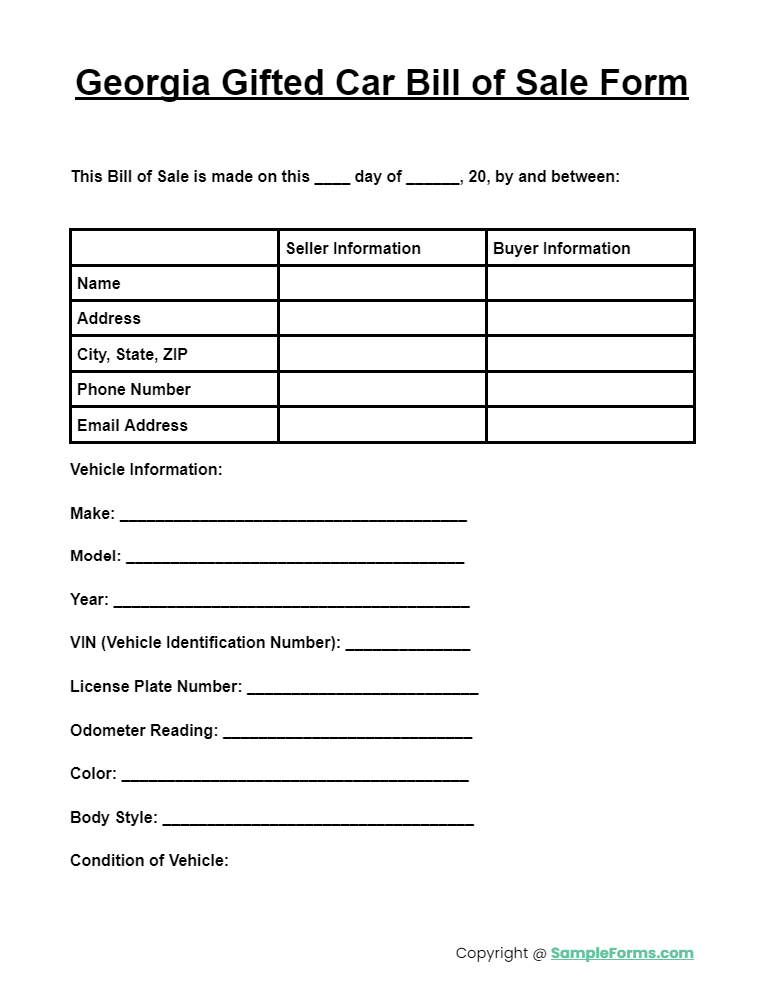 georgia gifted car bill of sale form