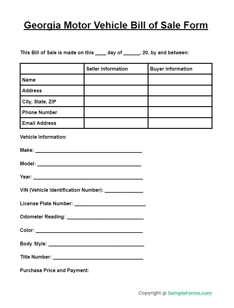 georgia motor vehicle bill of sale form