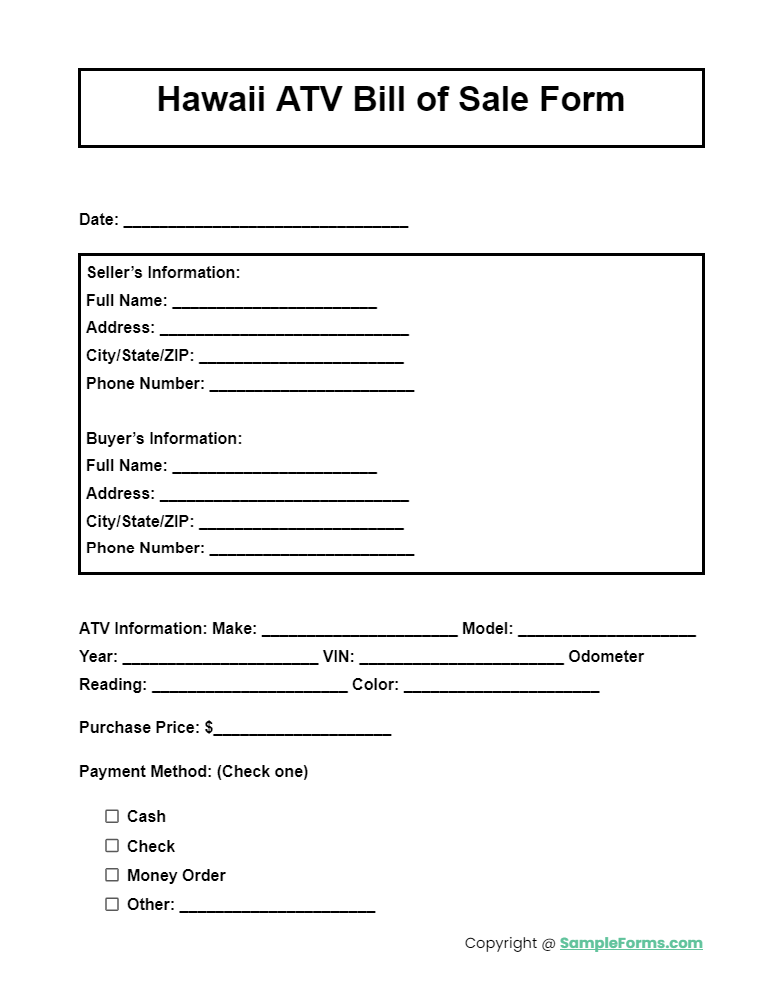 hawaii atv bill of sale form