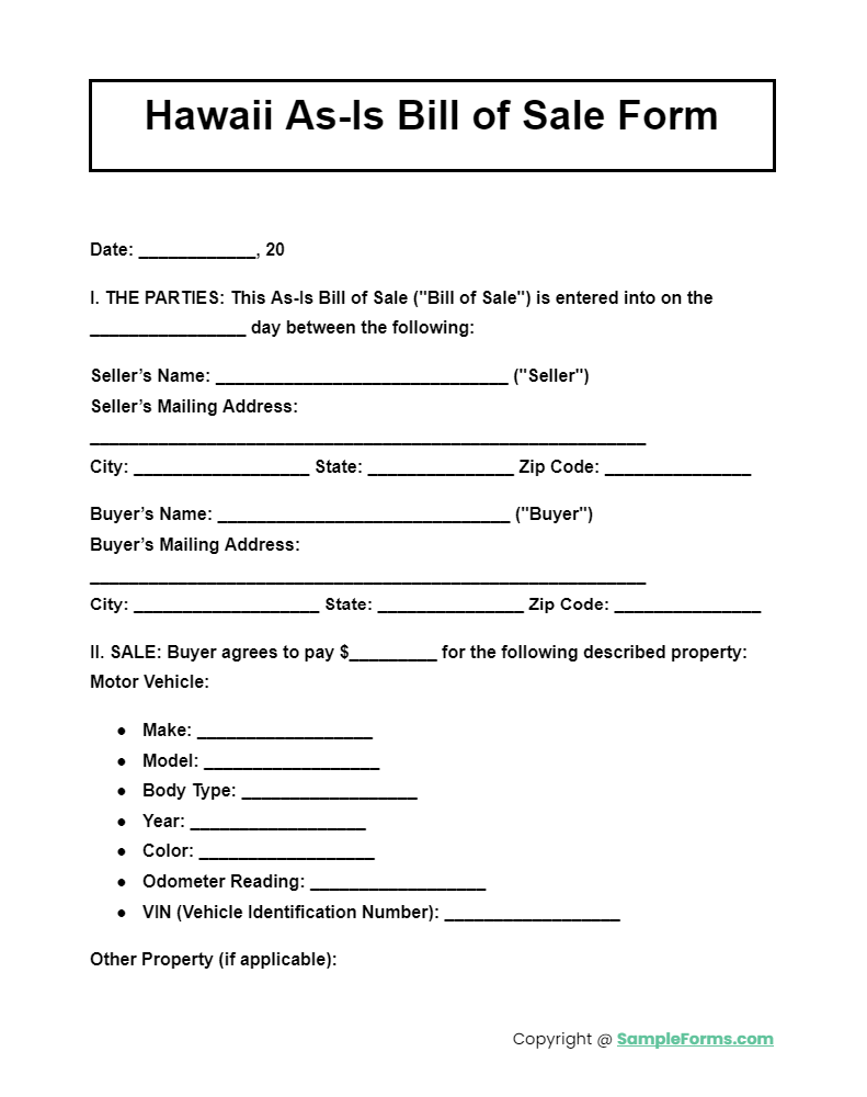 hawaii as is bill of sale form