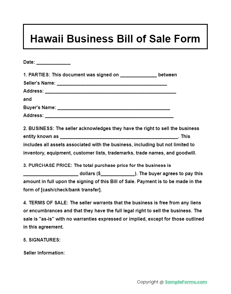 hawaii business bill of sale form