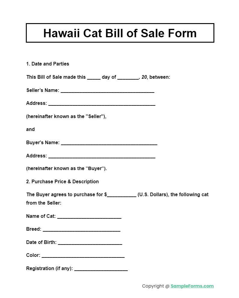 hawaii cat bill of sale form