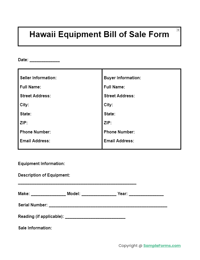 hawaii equipment bill of sale form