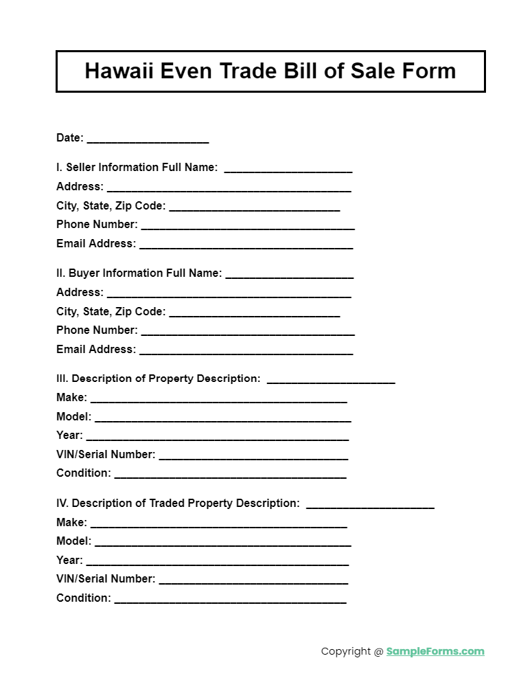 hawaii even trade bill of sale form