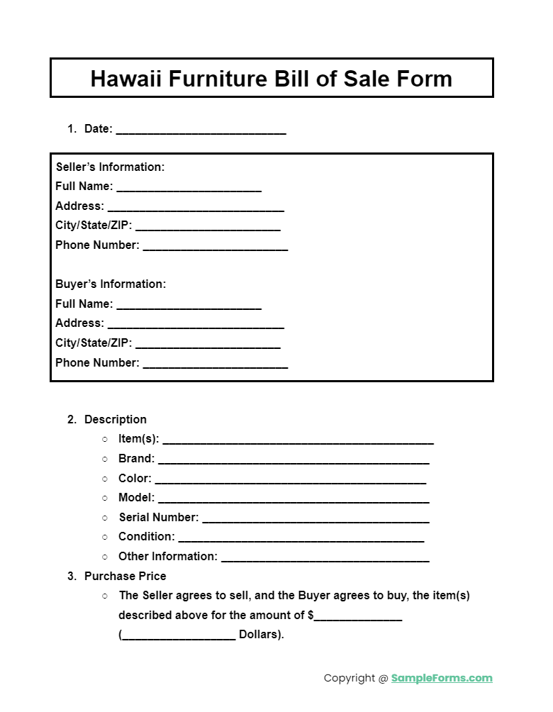 hawaii furniture bill of sale form