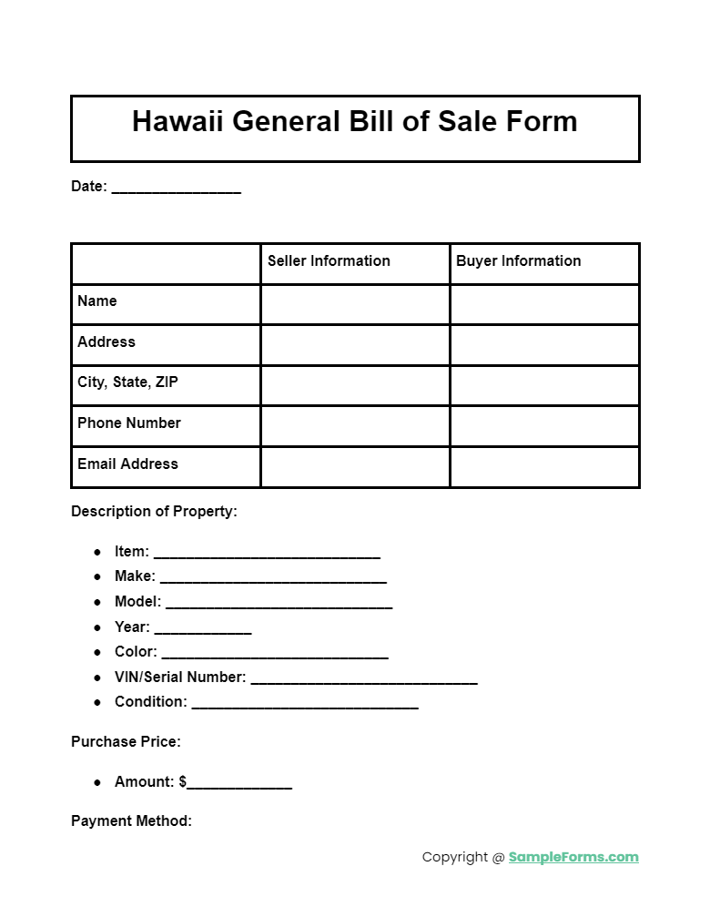 hawaii general bill of sale form