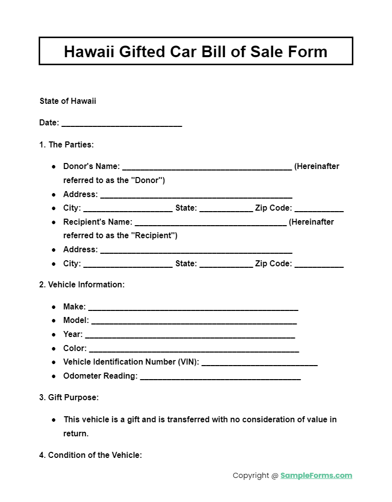 hawaii gifted car bill of sale form