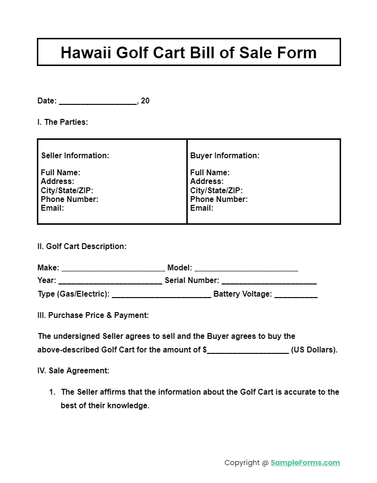 hawaii golf cart bill of sale form