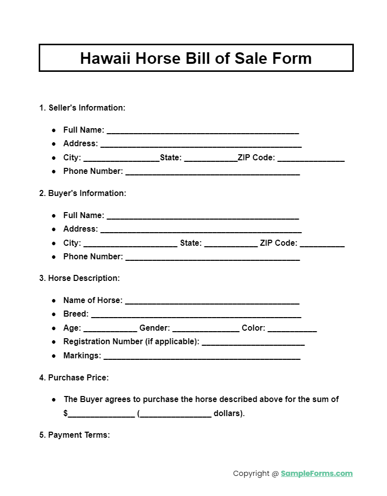 hawaii horse bill of sale form