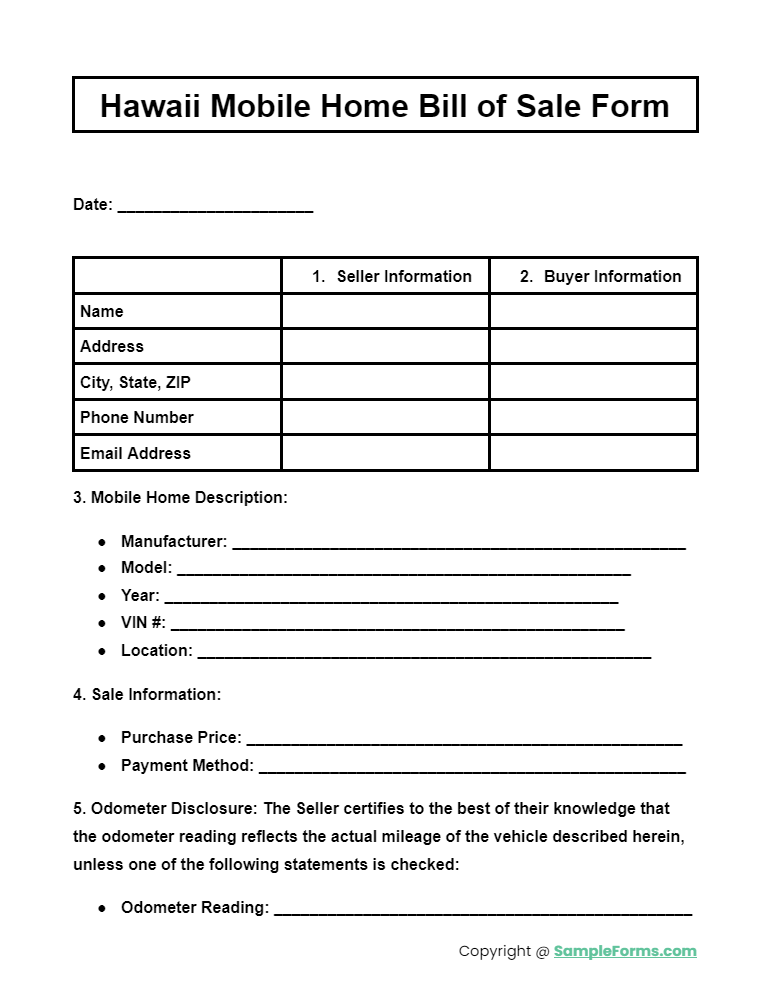 hawaii mobile home bill of sale form