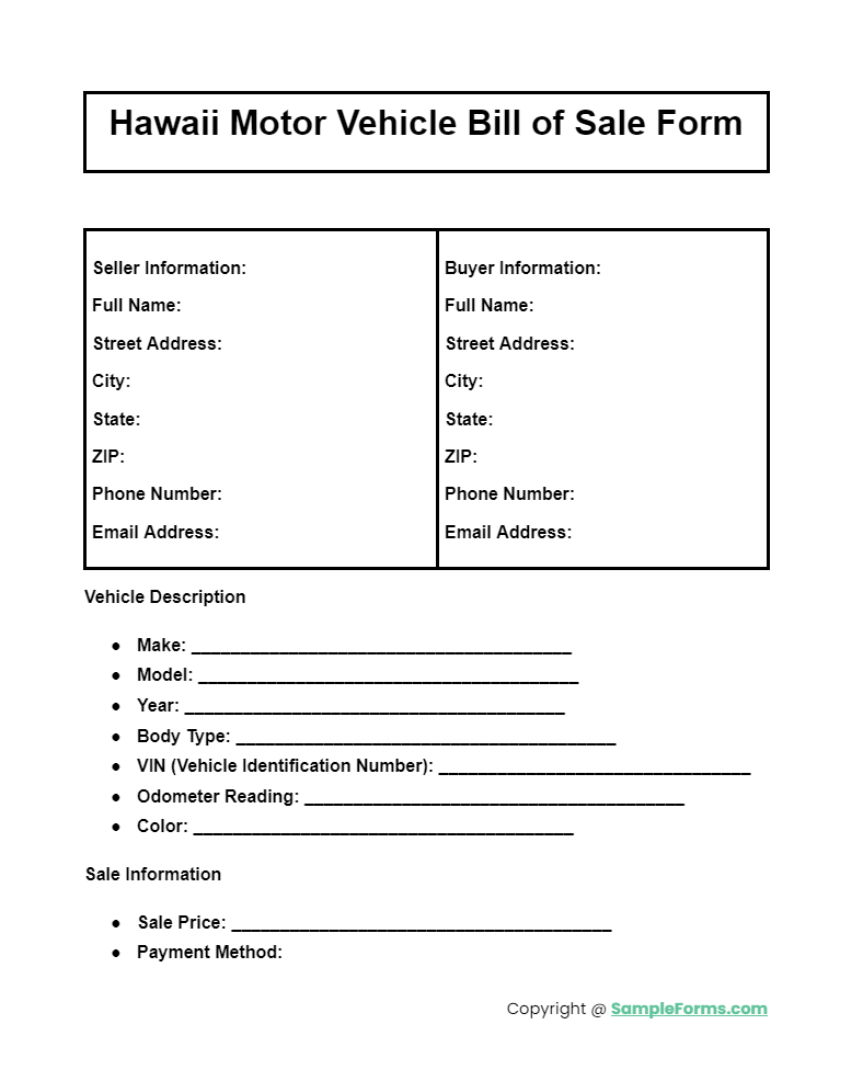 hawaii motor vehicle bill of sale form