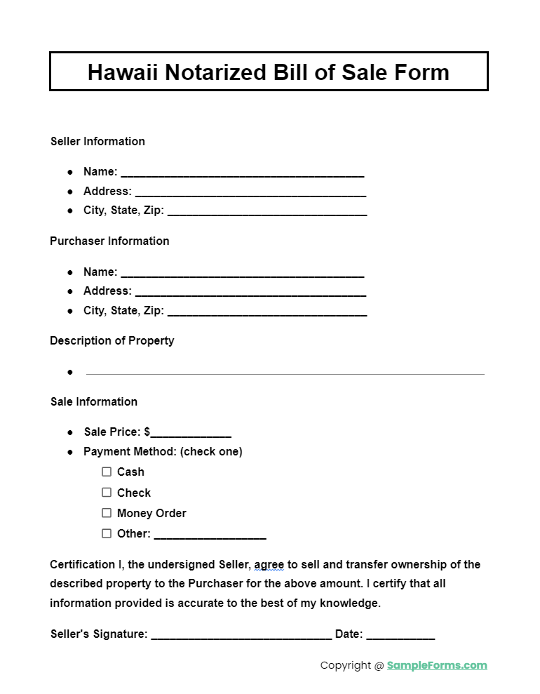 hawaii notarized bill of sale form