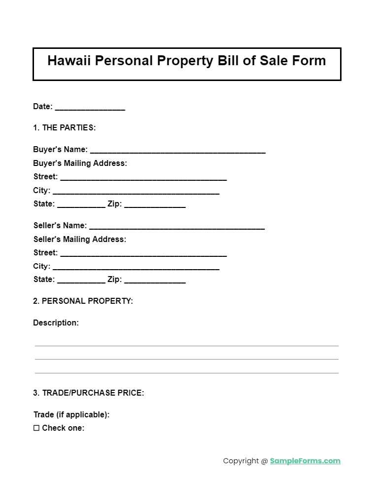 hawaii personal property bill of sale form