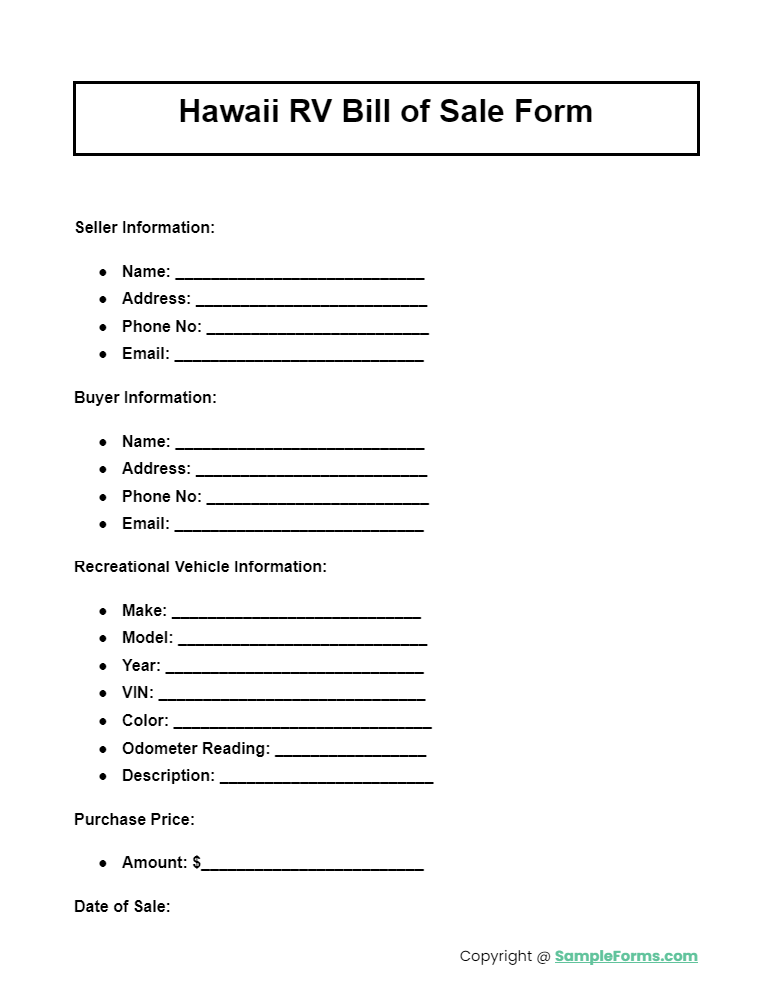 hawaii rv bill of sale form