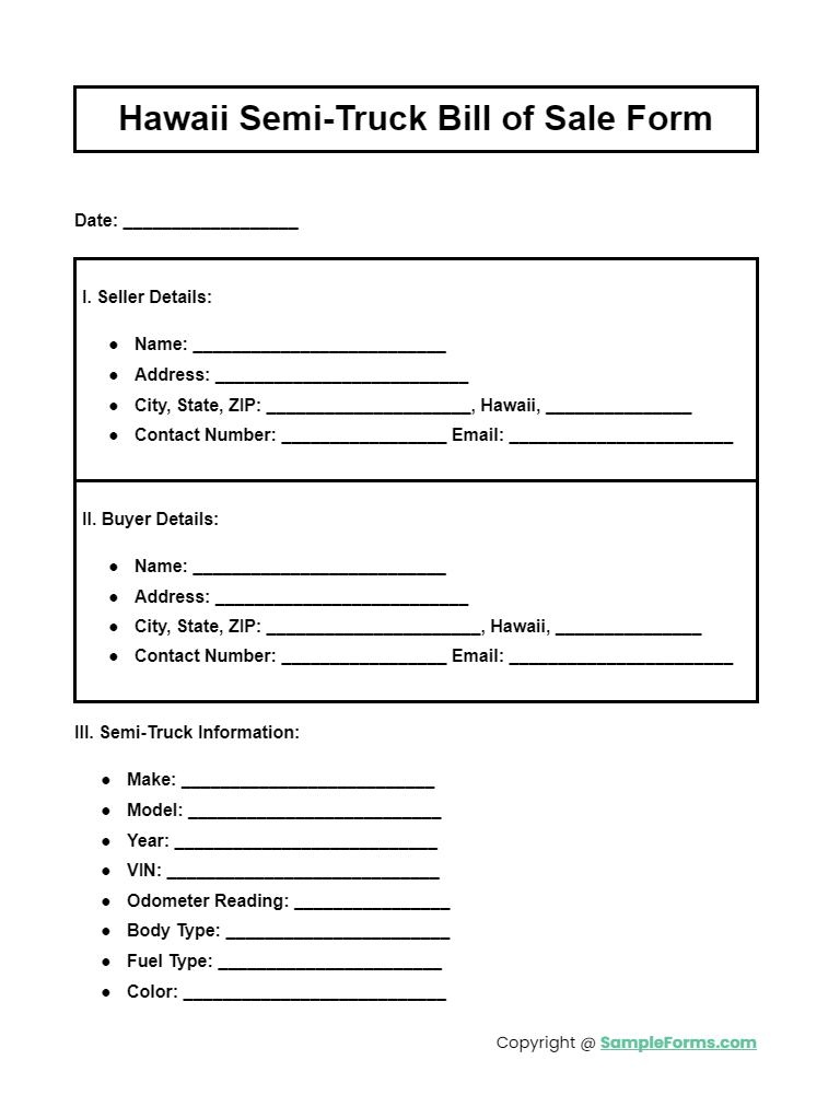 hawaii semi truck bill of sale form