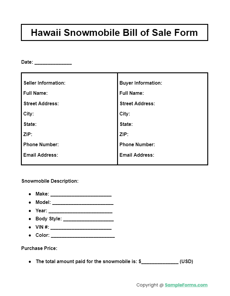 hawaii snowmobile bill of sale form