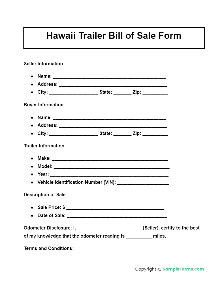 hawaii trailer bill of sale form