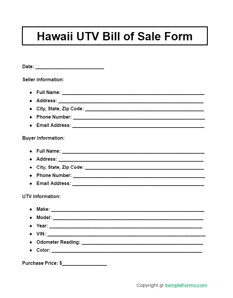 hawaii utv bill of sale form