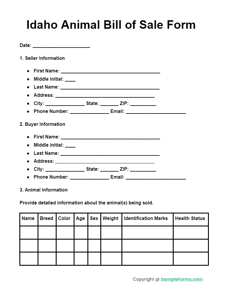 idaho animal bill of sale form