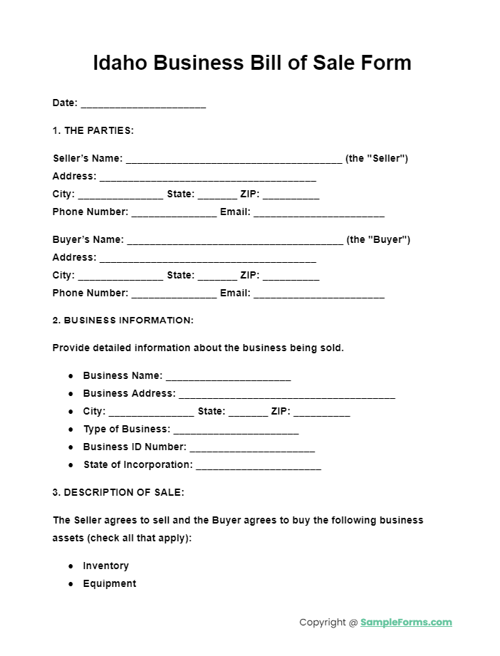 idaho business bill of sale form