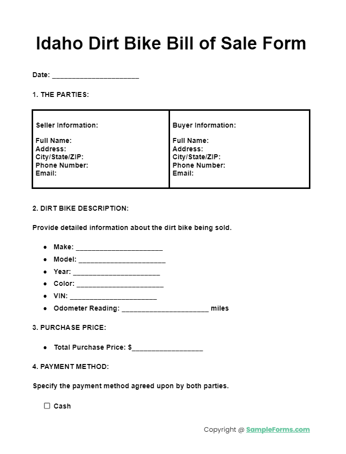 idaho dirt bike bill of sale form