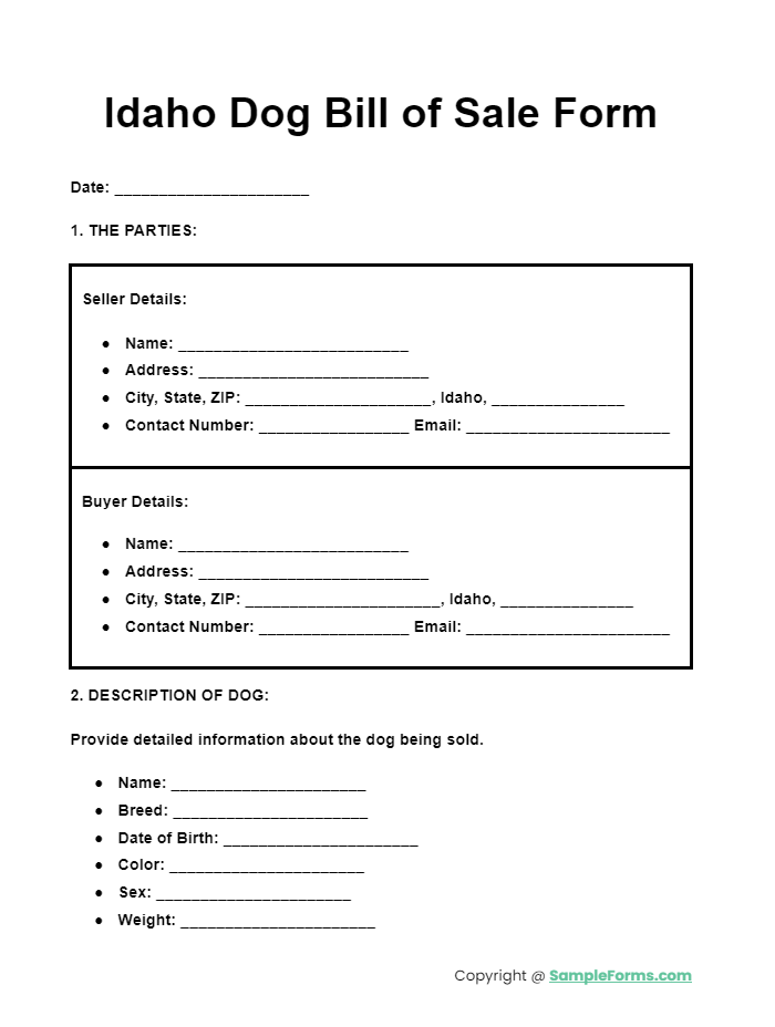 idaho dog bill of sale form