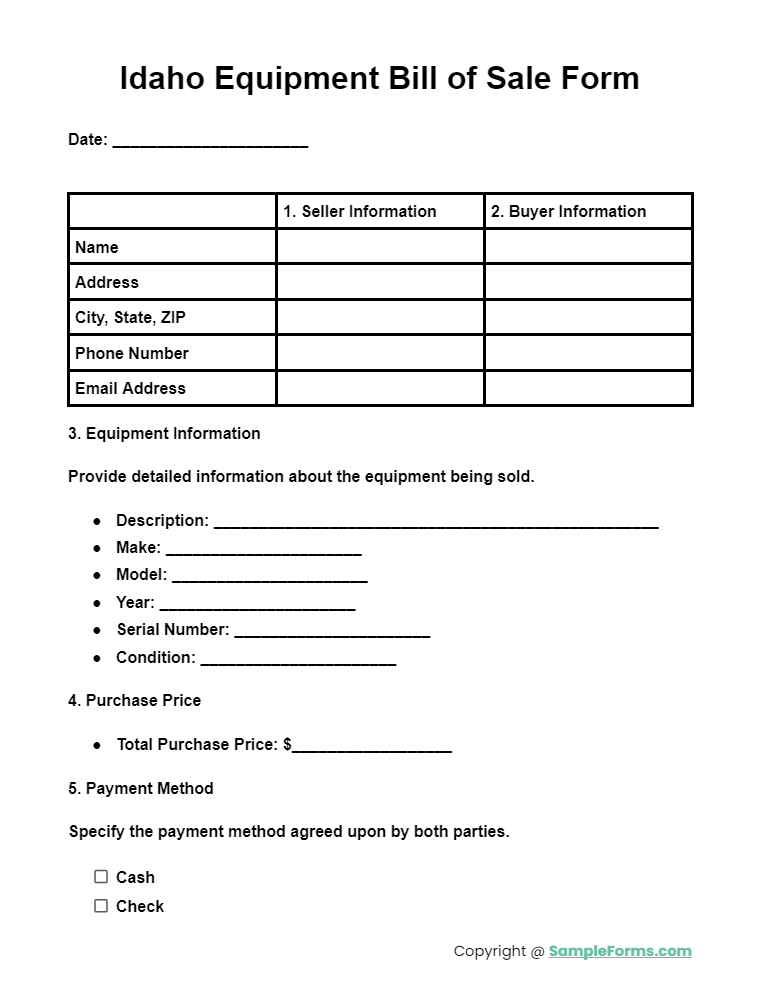 idaho equipment bill of sale form