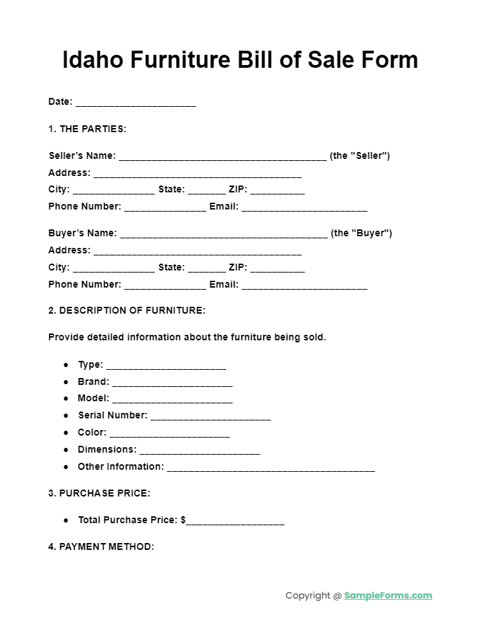 idaho furniture bill of sale form