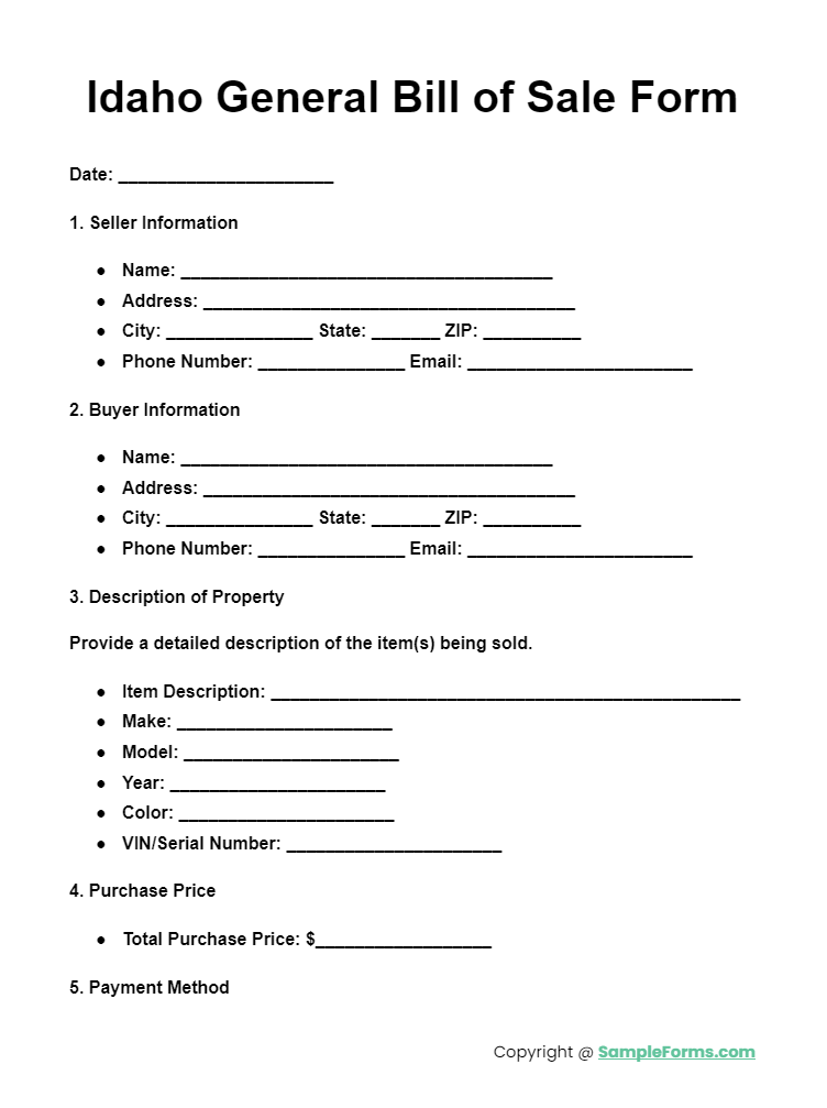 idaho general bill of sale form