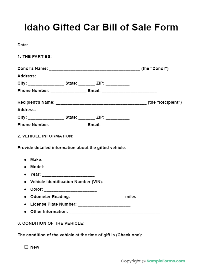 idaho gifted car bill of sale form