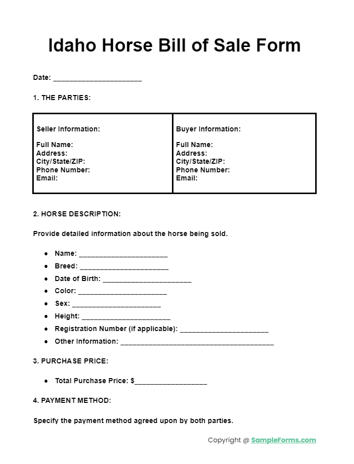 idaho horse bill of sale form