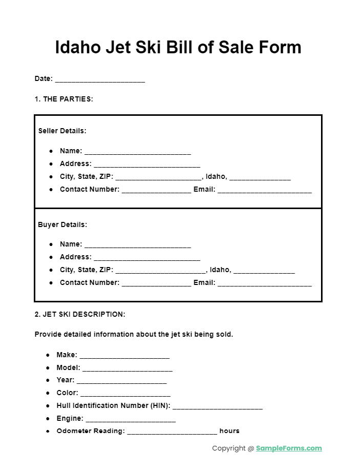 idaho jet ski bill of sale form