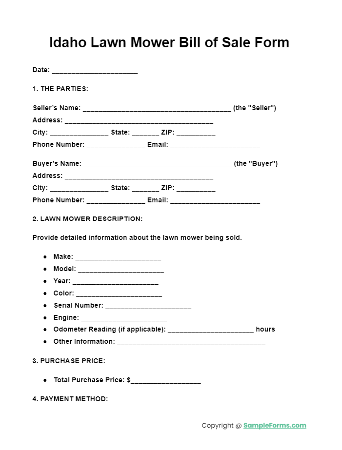 idaho lawn mower bill of sale form