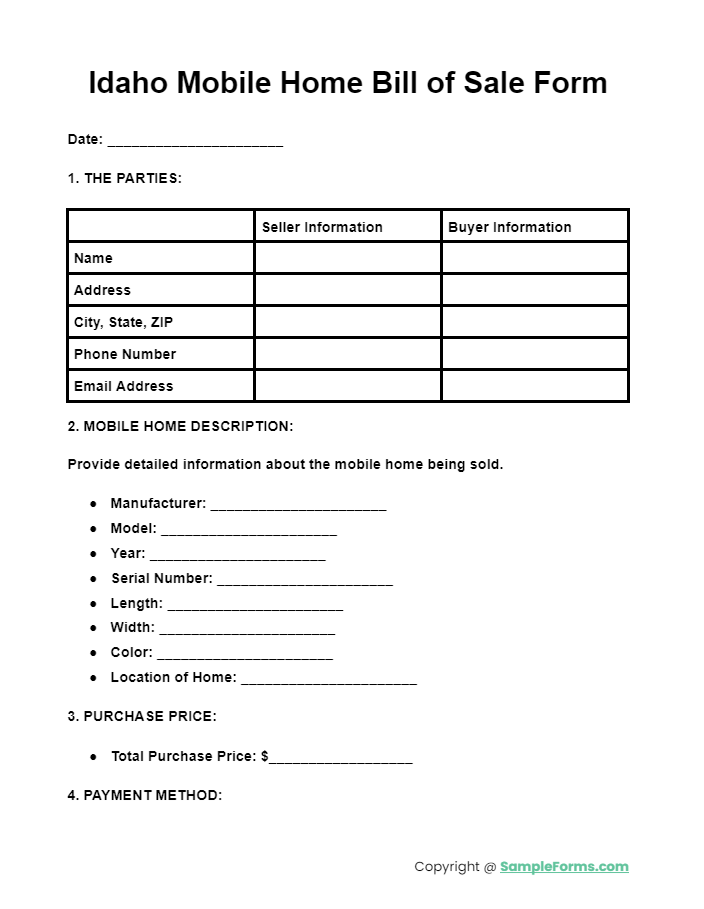 idaho mobile home bill of sale form