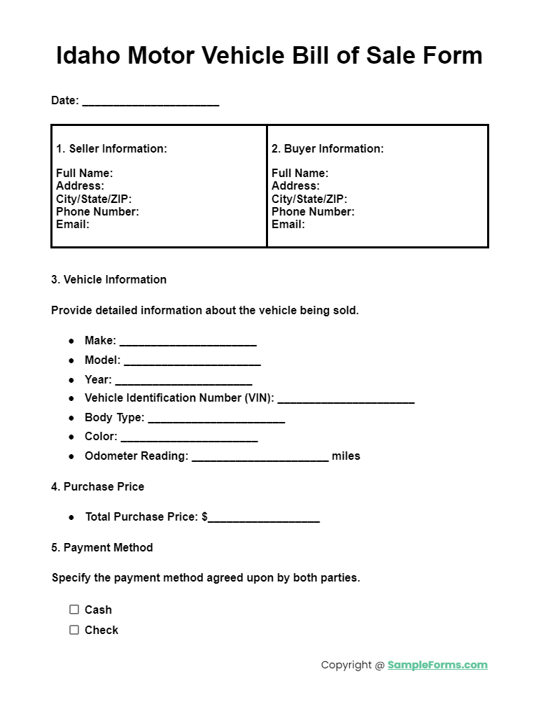 idaho motor vehicle bill of sale form