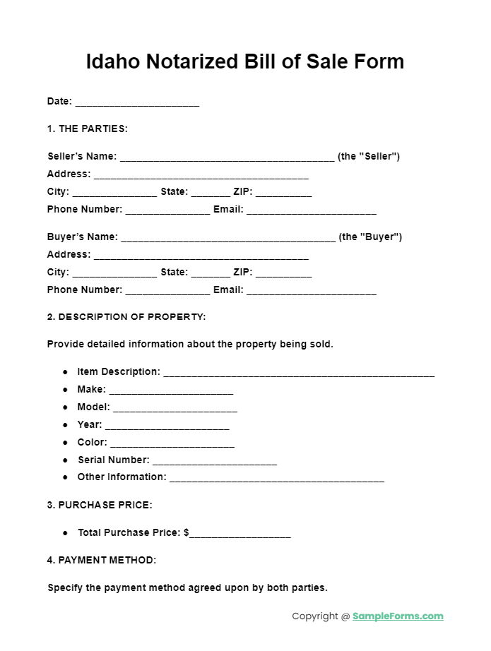 idaho notarized bill of sale form