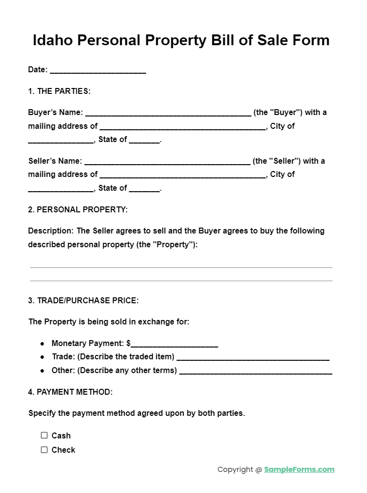 idaho personal property bill of sale form