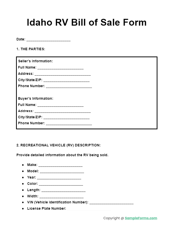 idaho rv bill of sale form