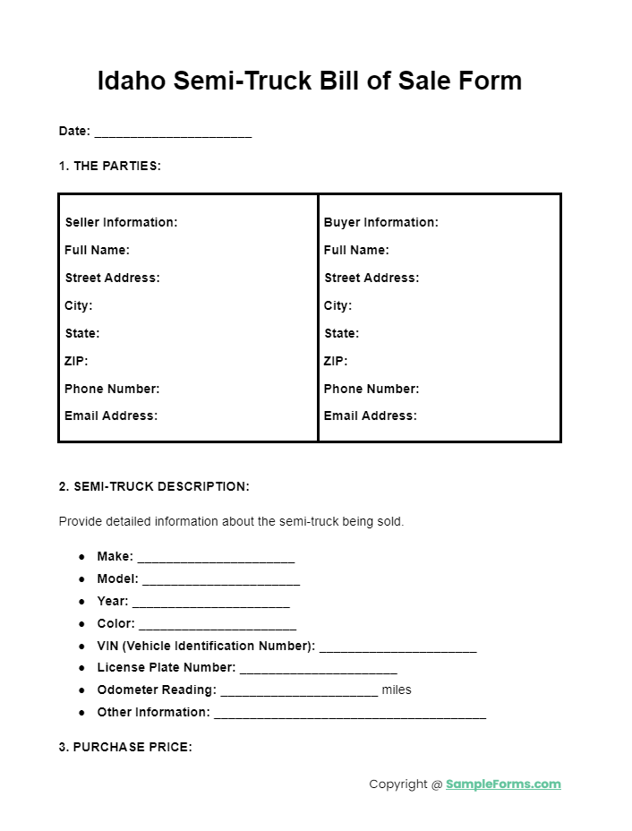 idaho semi truck bill of sale form