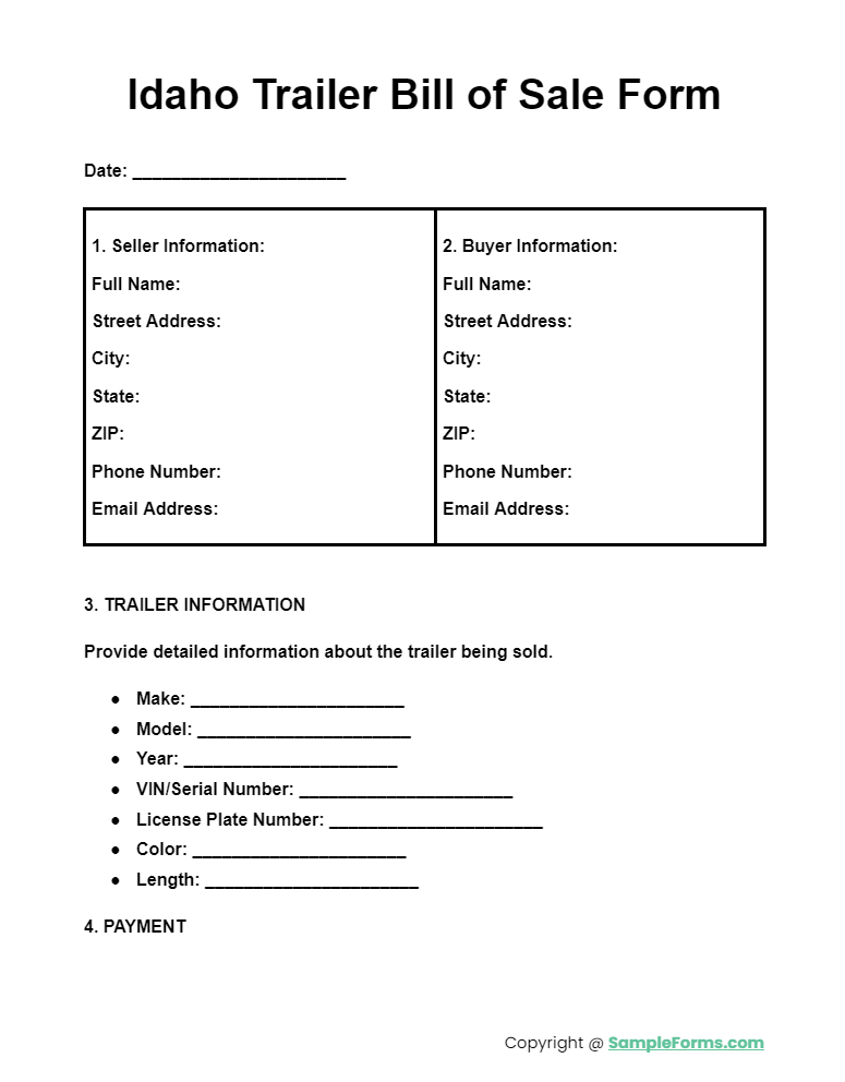 idaho trailer bill of sale form