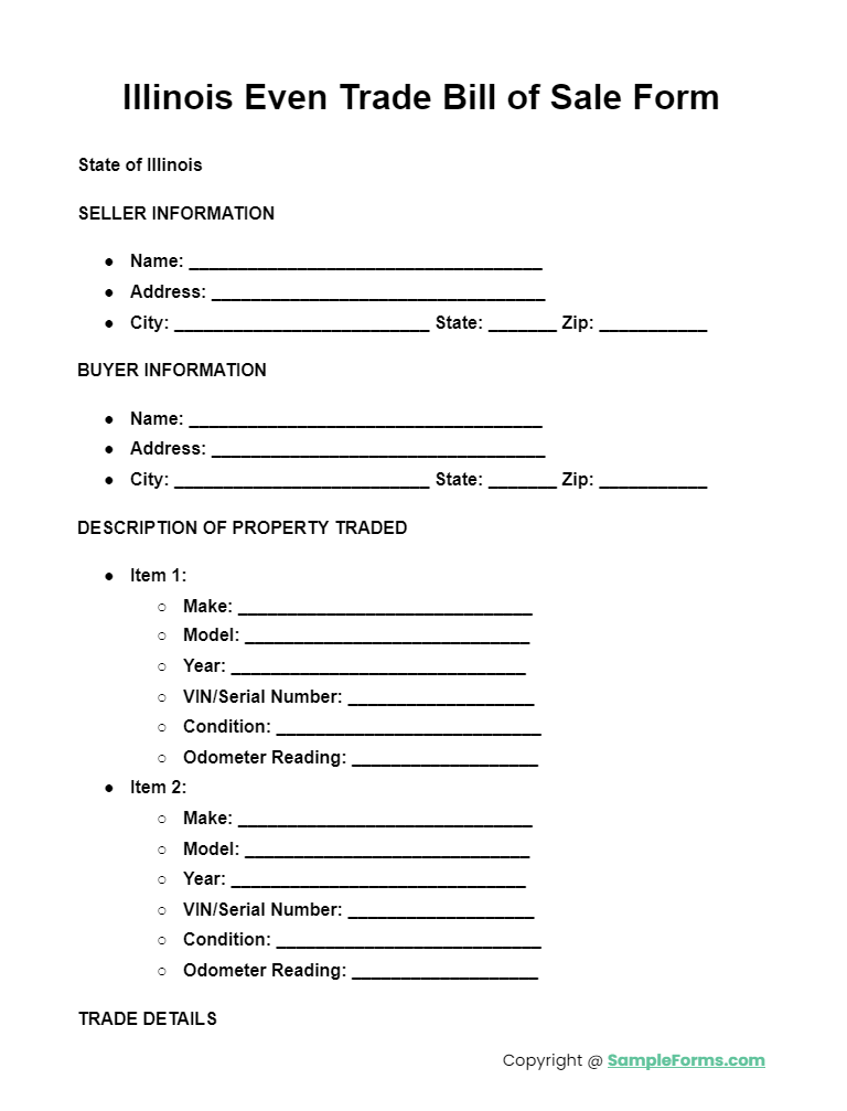 illinois even trade bill of sale form