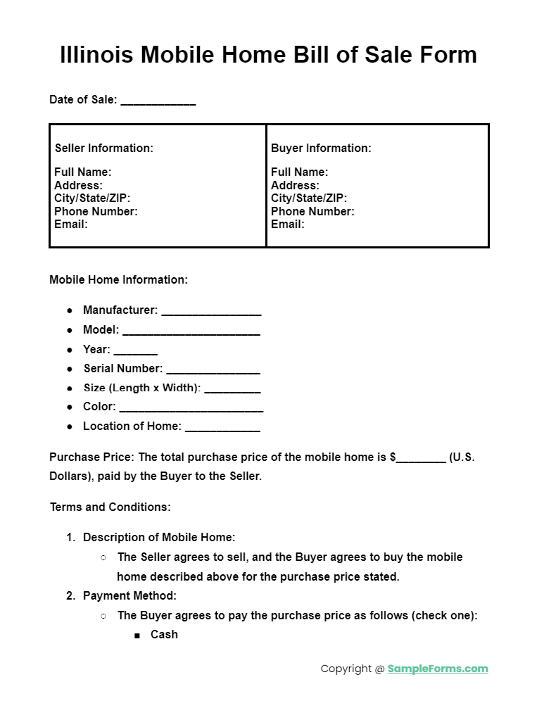 illinois mobile home bill of sale form