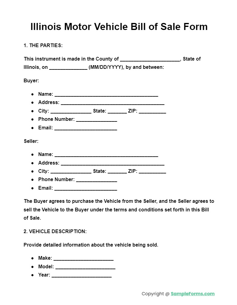 illinois motor vehicle bill of sale form