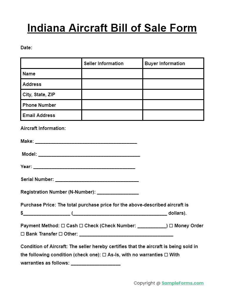 indiana aircraft bill of sale form