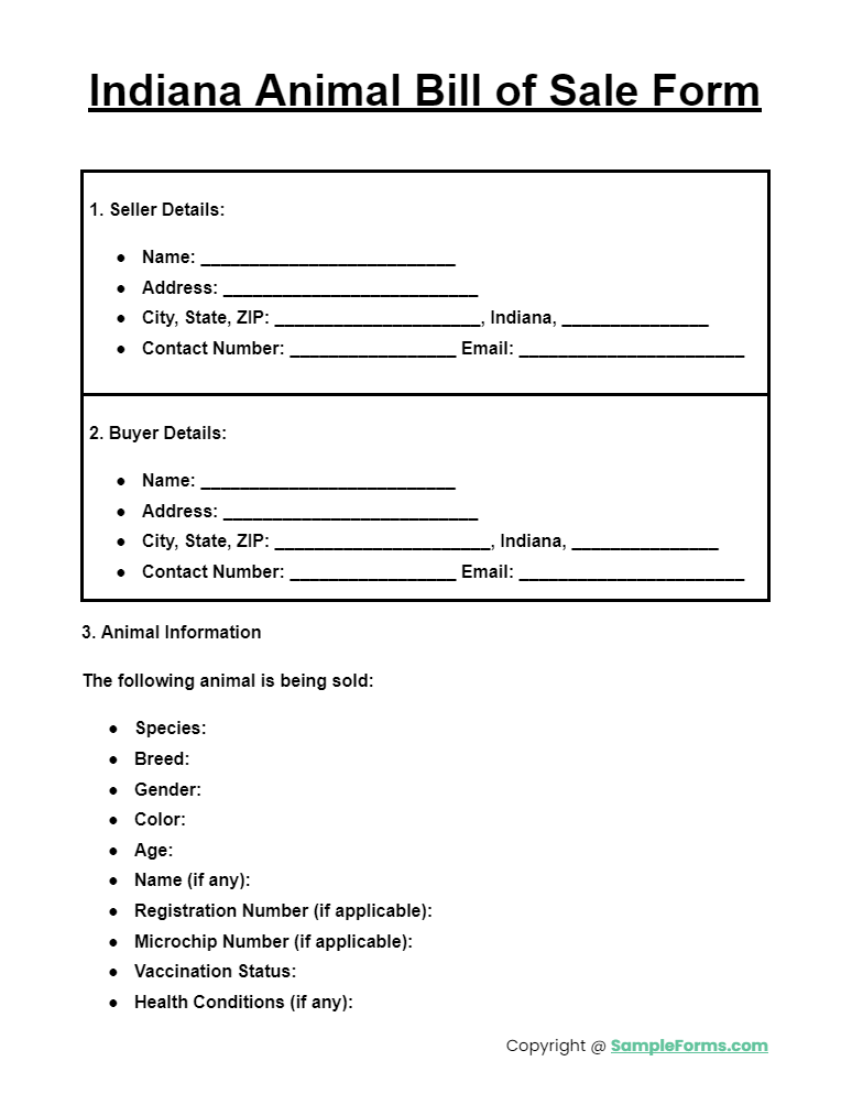 indiana animal bill of sale form