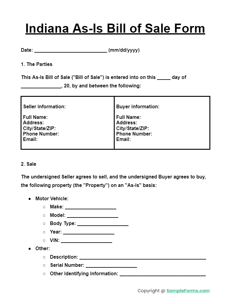 indiana as is bill of sale form