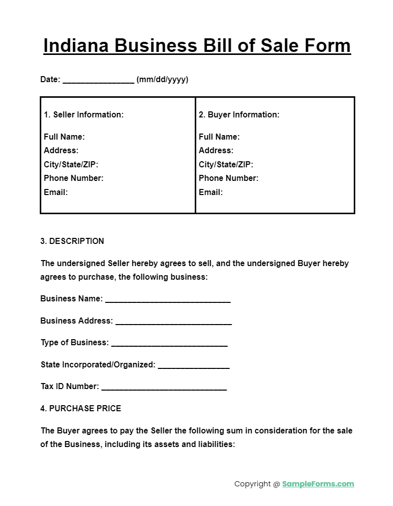 indiana business bill of sale form