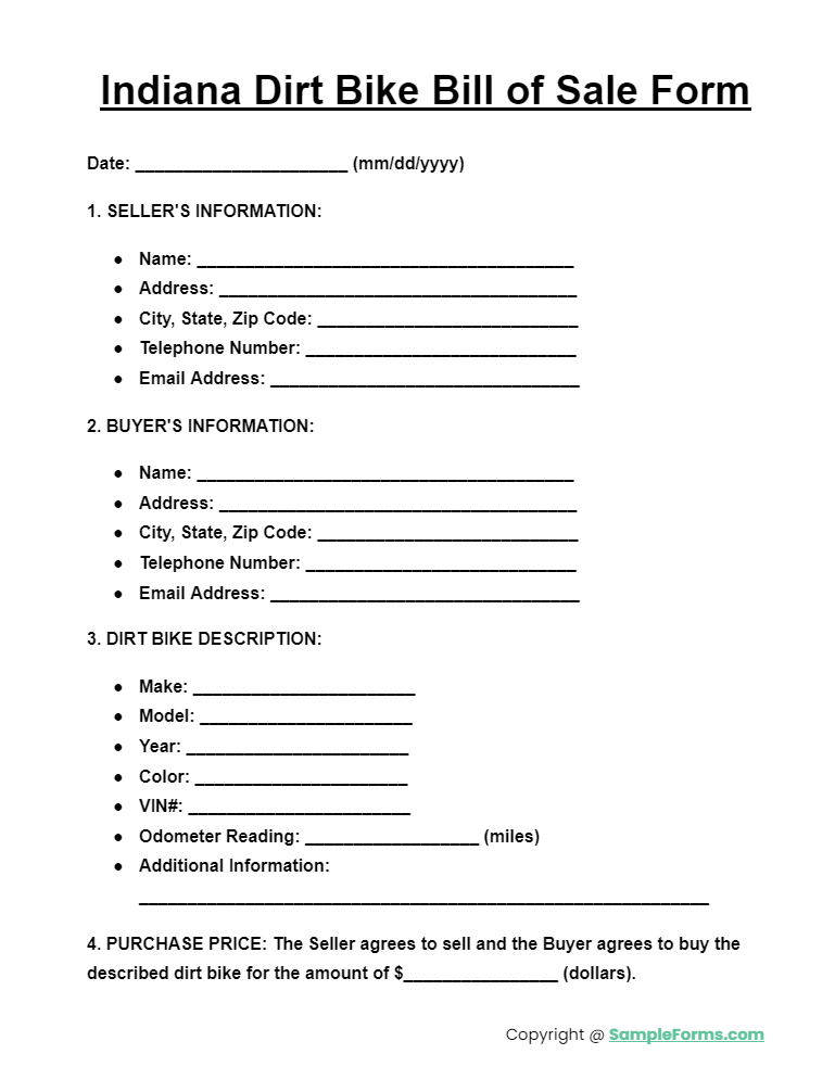 indiana dirt bike bill of sale form